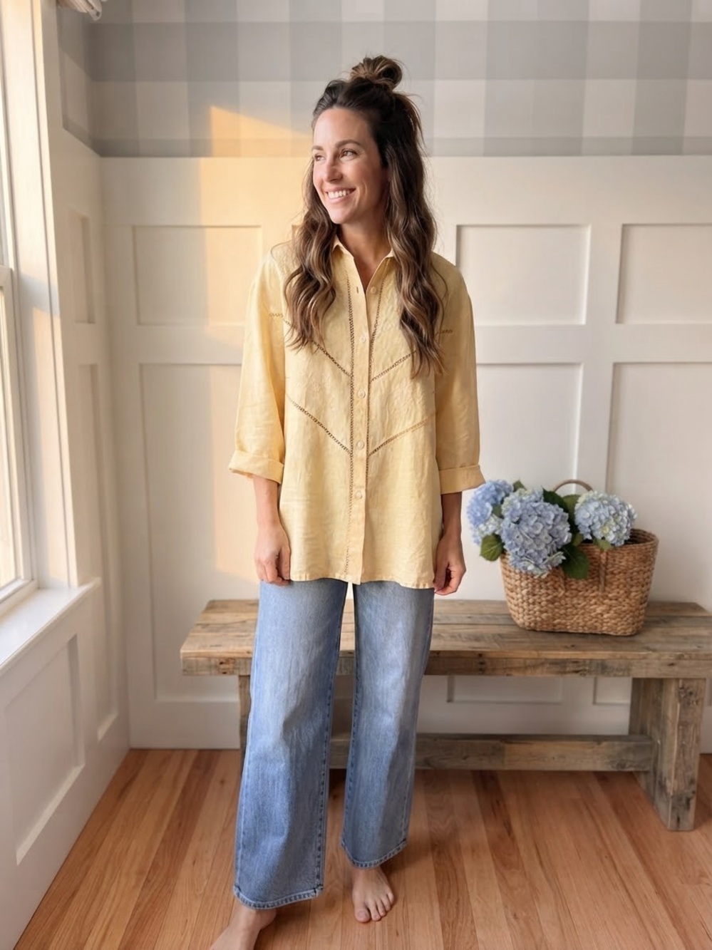 Italian Linen Light Yellow Button-Down Shirt - Relaxed Long Sleeve 1X
